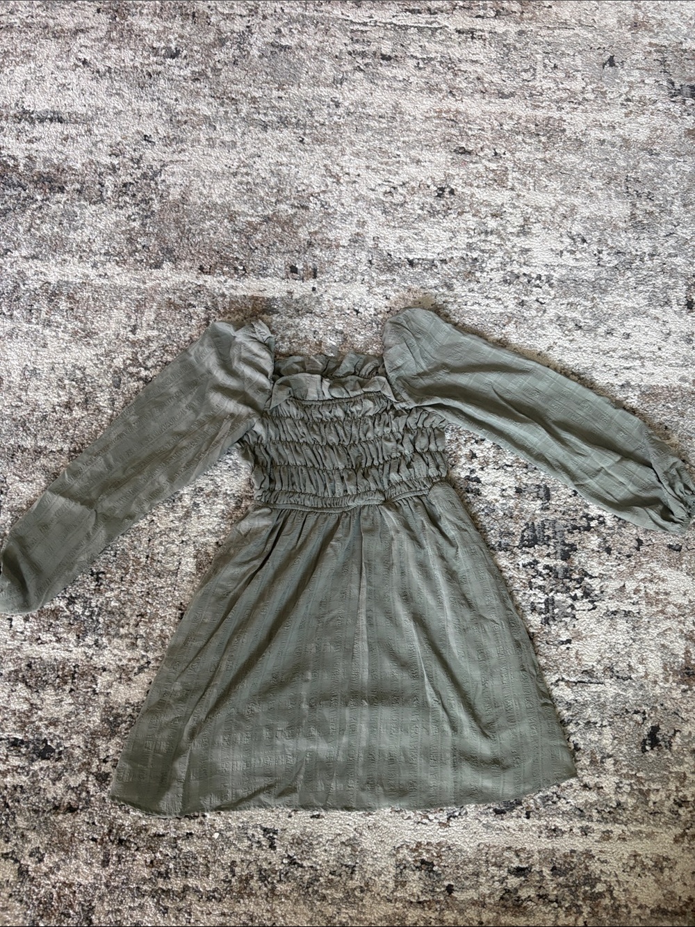 Smocked Olive Green Mini Dress with Puff Long Sleeves